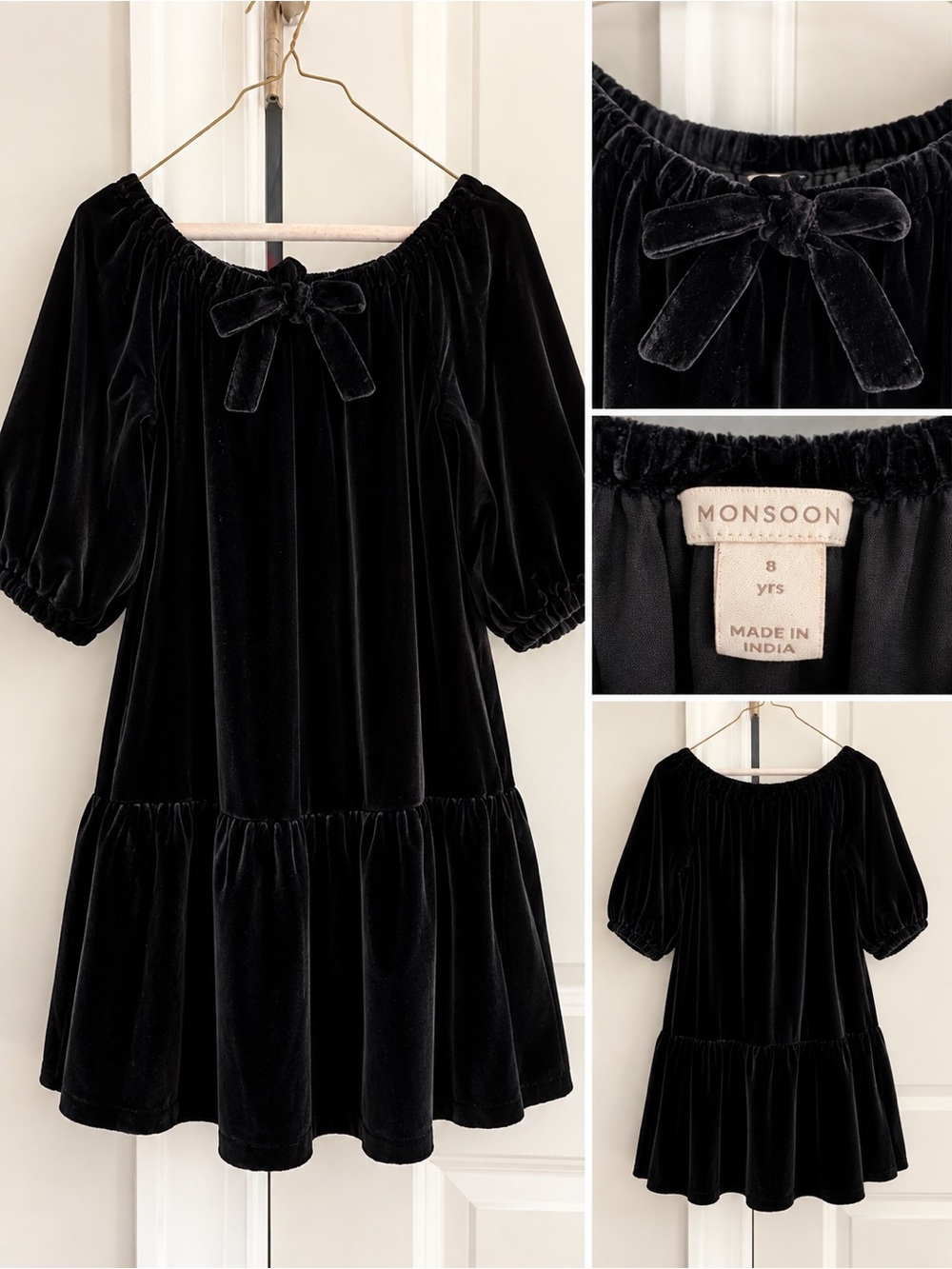Monsoon Black Velvet Bow-Front Tiered Dress